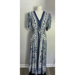 Zarr Collection Blue White Floral Boho Dress Sz 12 Cottagecore Empire Waist